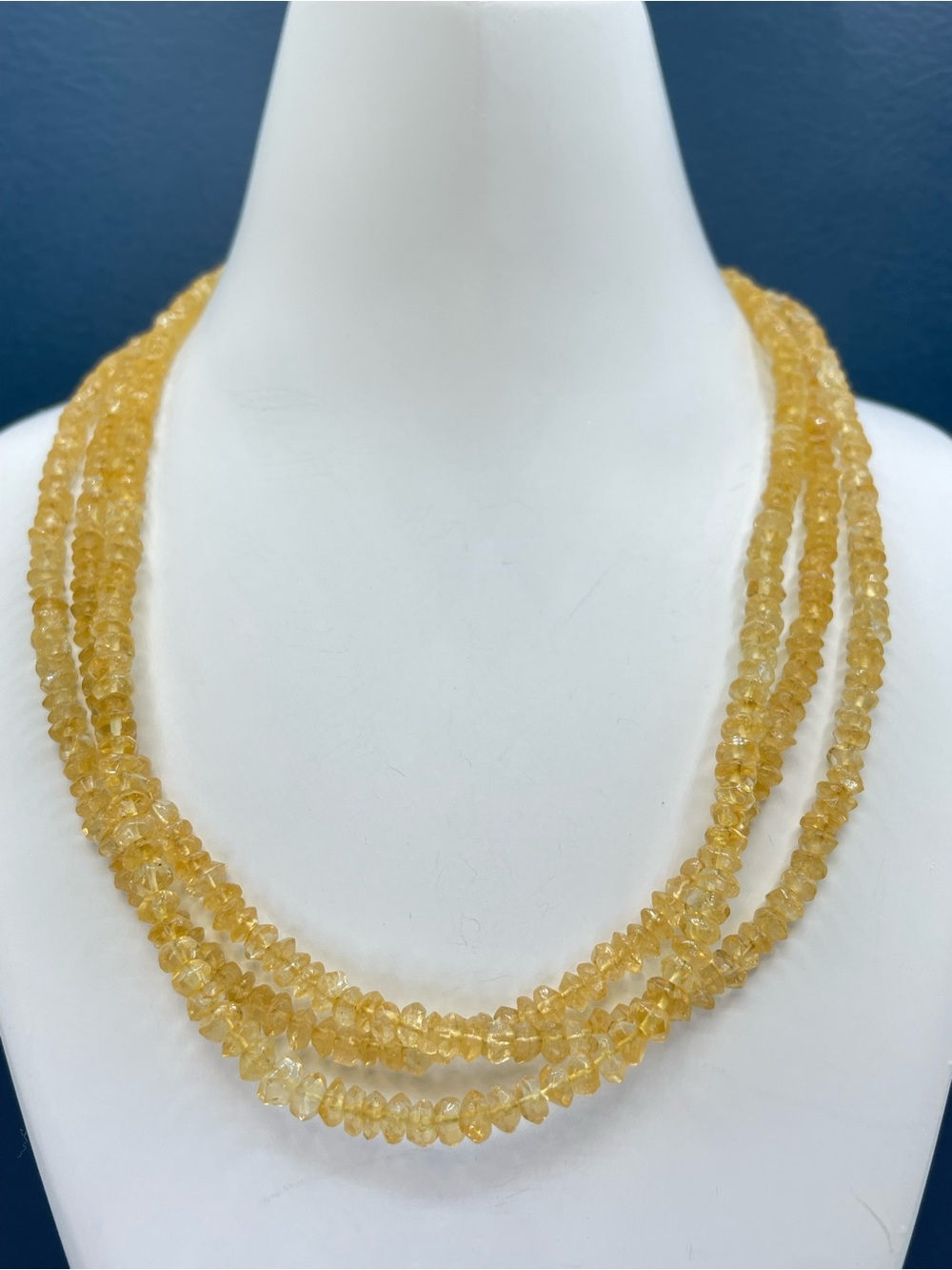 Citrine Gemstone Triple Strand Beaded Necklace Yellow Toggle Clasp 18” Long